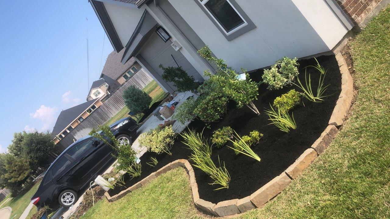 Fresh black mulch landscape installation around plants in Houston TX by Leatherwood Lawn Specialists